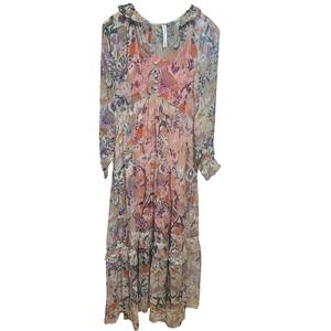 Anthropologie Maxi Dress Owl Floral Print Boho Flowy Ruffle VNeck Long Sleeve XS